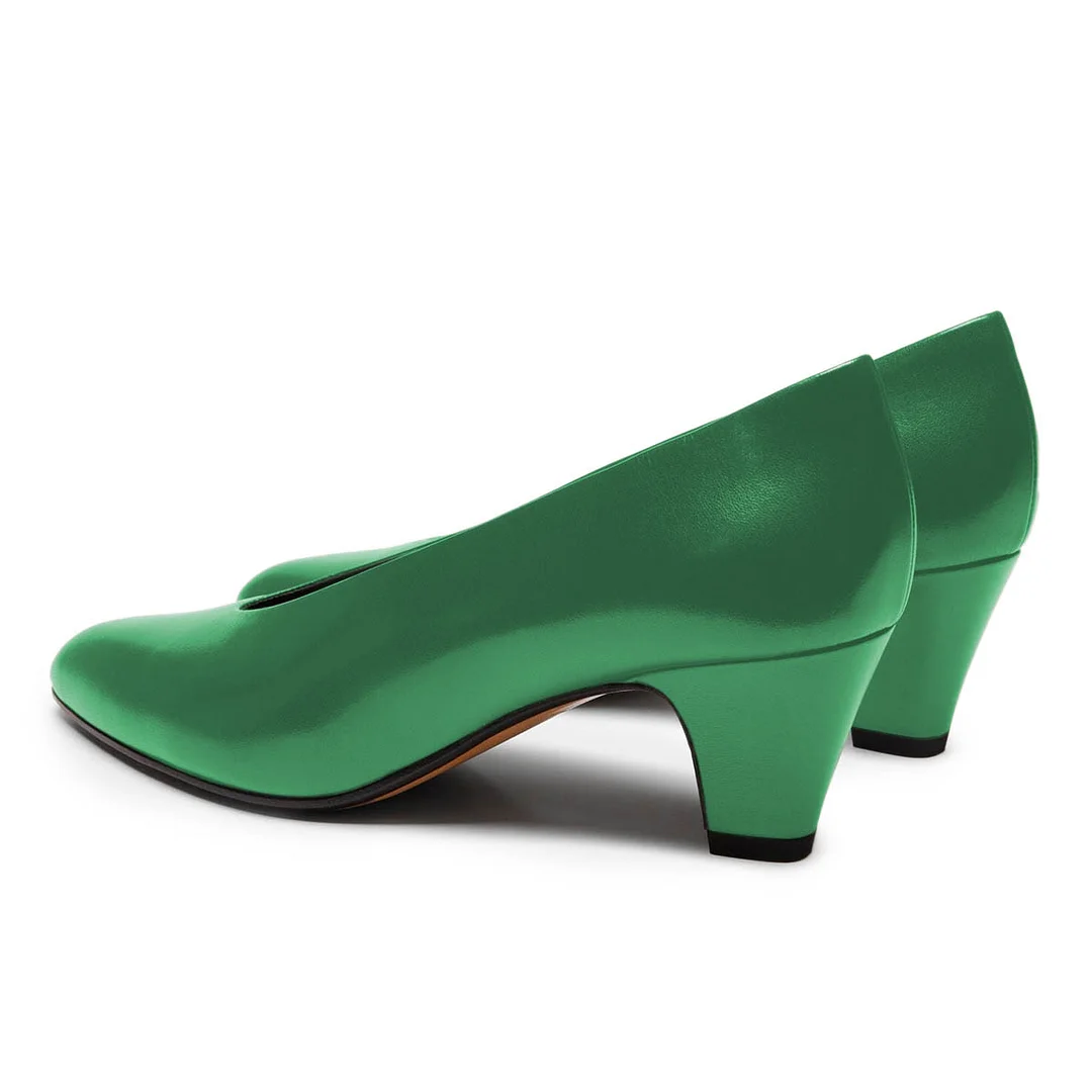 YDN Classic Green Pointed Toe Chunky Heel Slip-On Pumps Shoes