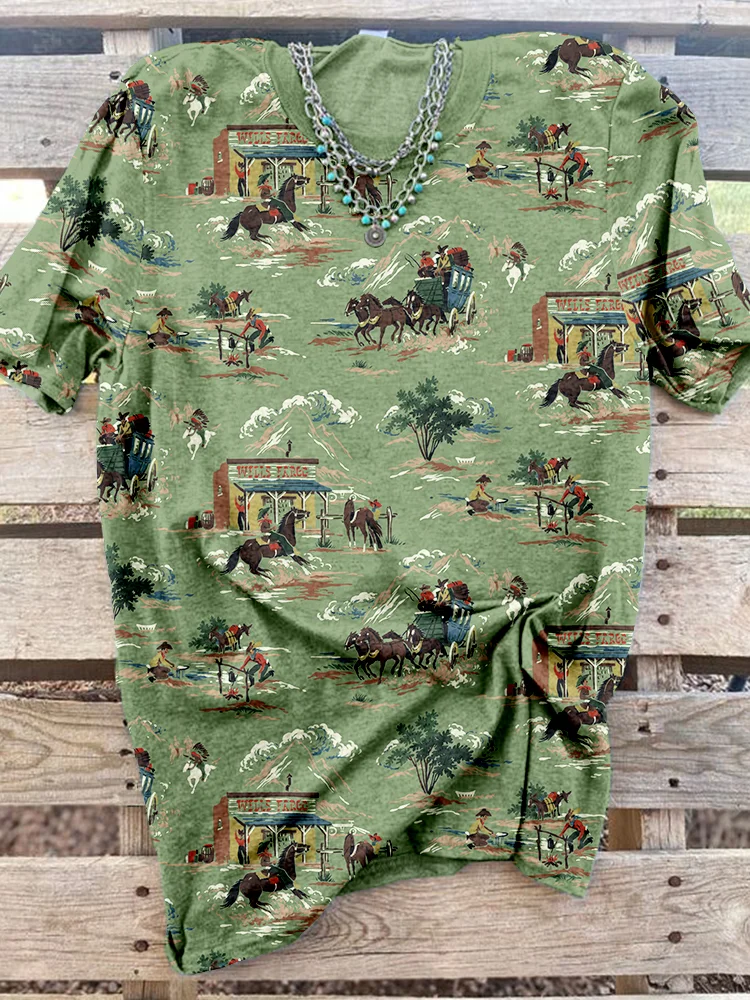 Vintage Wild West Pattern Crew Neck Comfy T Shirt