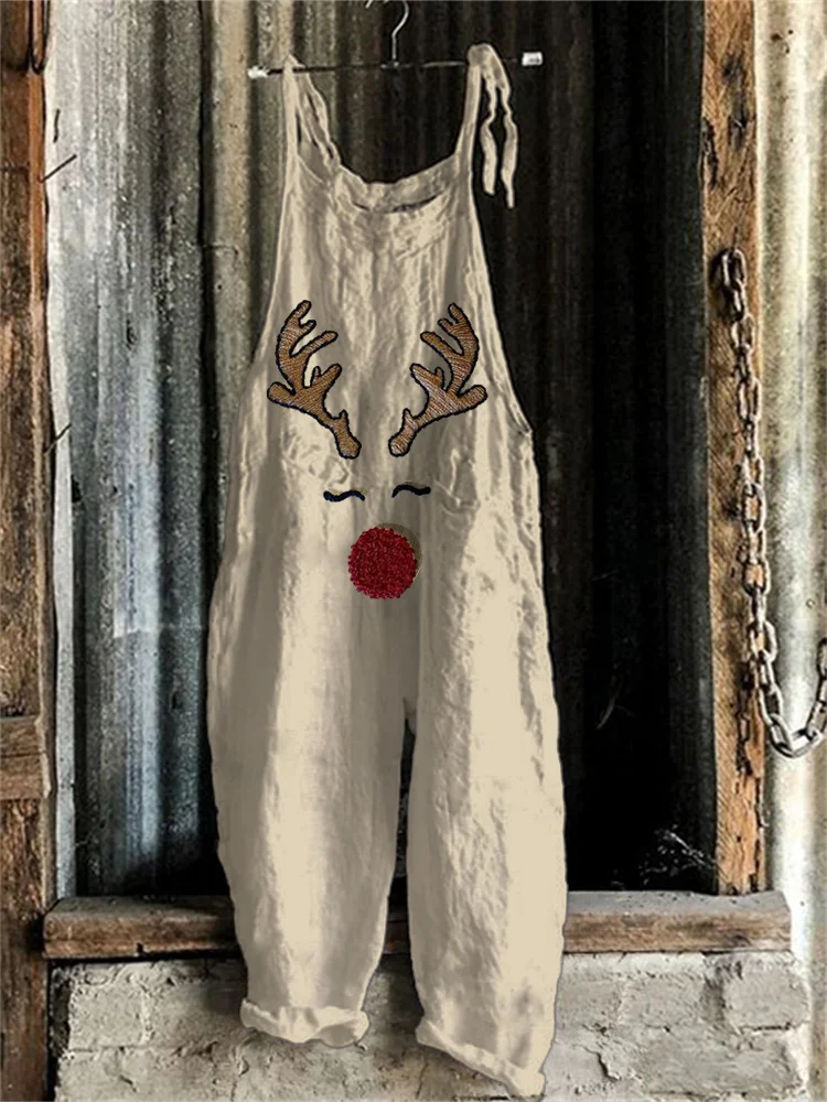 Christmas Reindeer Face Embroidery Art Jumpsuit
