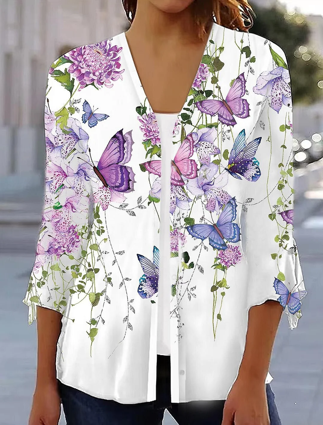 Women's 3/4 Sleeve Butterfly Floral Printed Loose Cardigan Coat