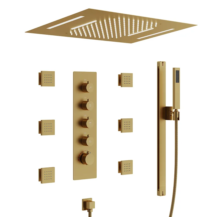 EVERSTEIN Thermostatic LED Dual Function Shower System in Brushed Gold SFS-1025-GD
