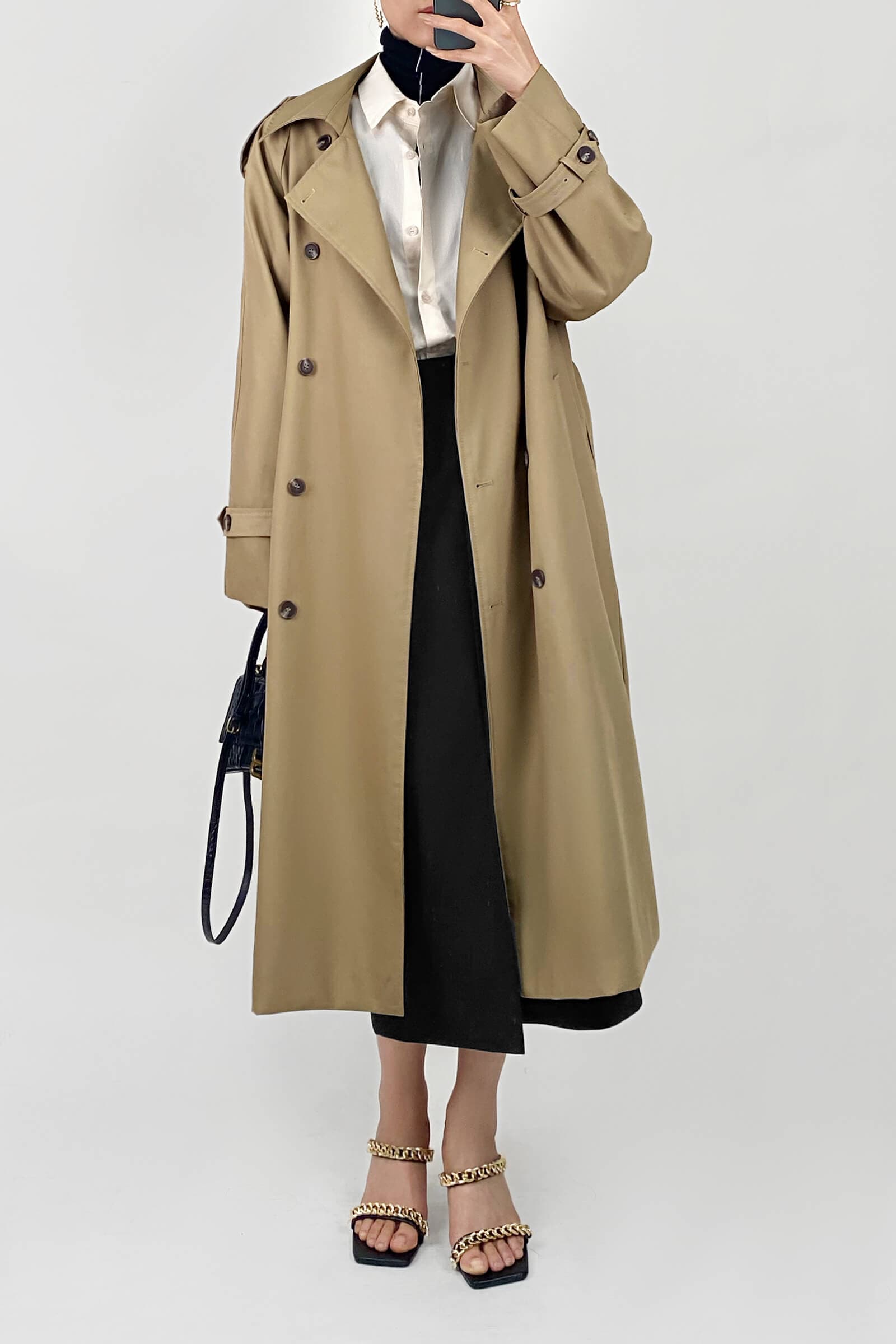 Tan Double-Breasted Belted Longline Trench Coat  Women's Coats