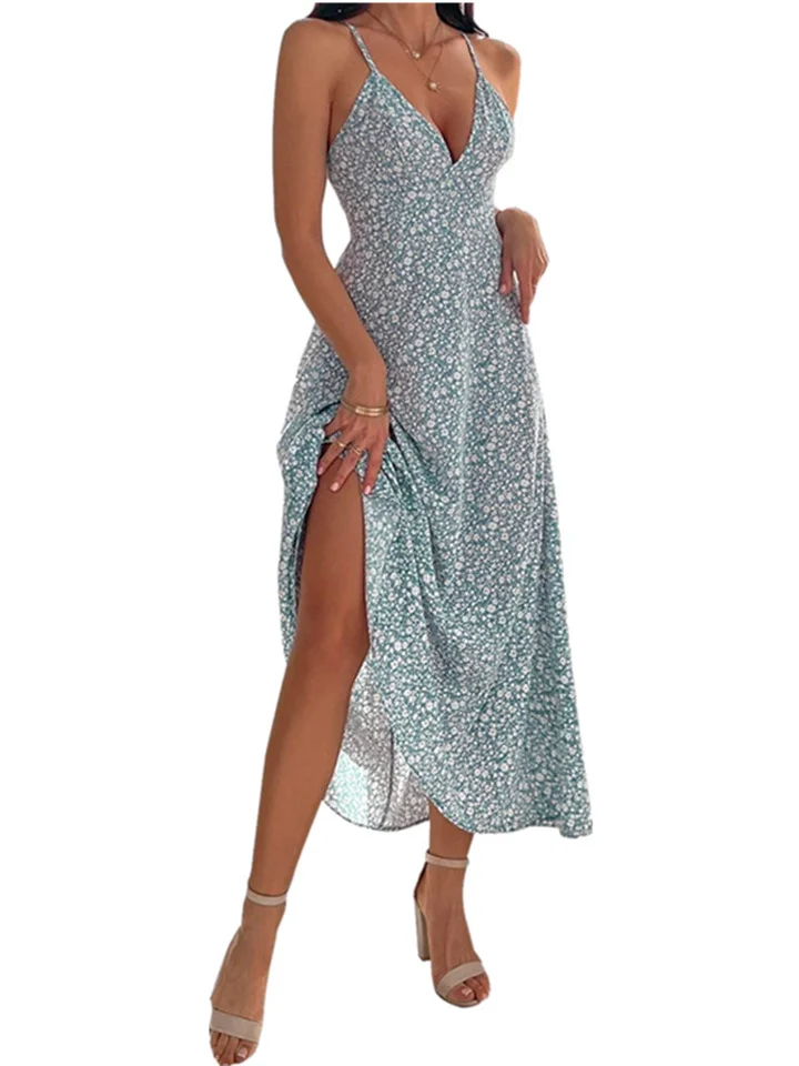 Women's Sleeveless Summer Casual Dress V-neck Printed Halter Backless Elegant Wind Sleeveless Dresses Long-Mixcun