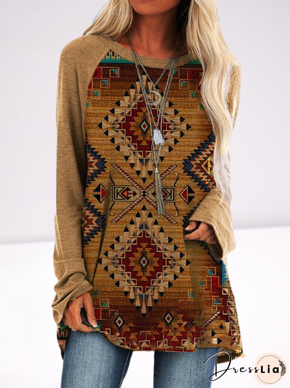 Geometric Round Neck Printed Long Sleeve T-shirt
