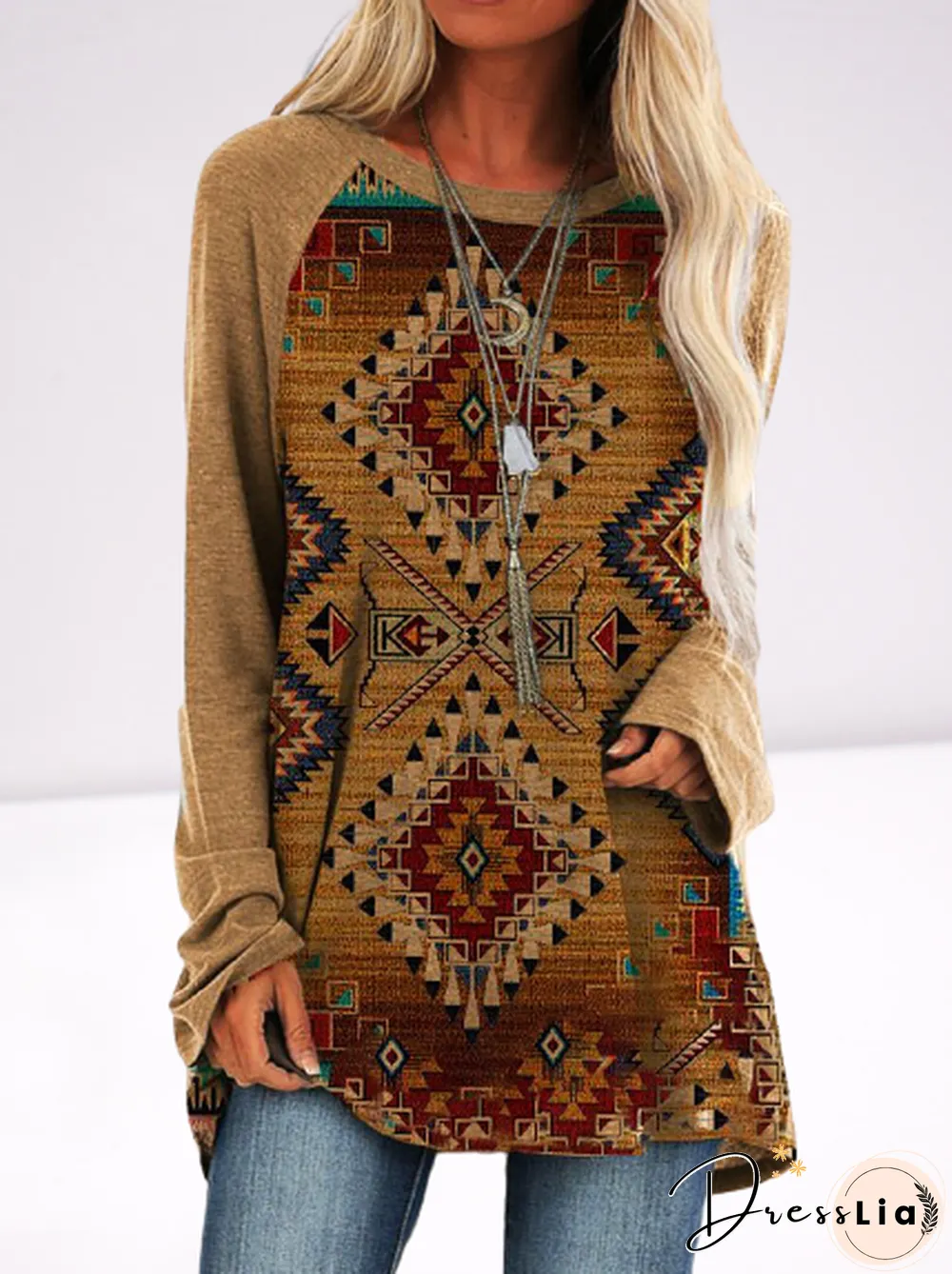 Geometric Round Neck Printed Long Sleeve T-shirt