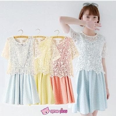 S/M/L 3 Colors Pastel Mori Girl Lace Chop Top and Floral Dress Twinset SP151916