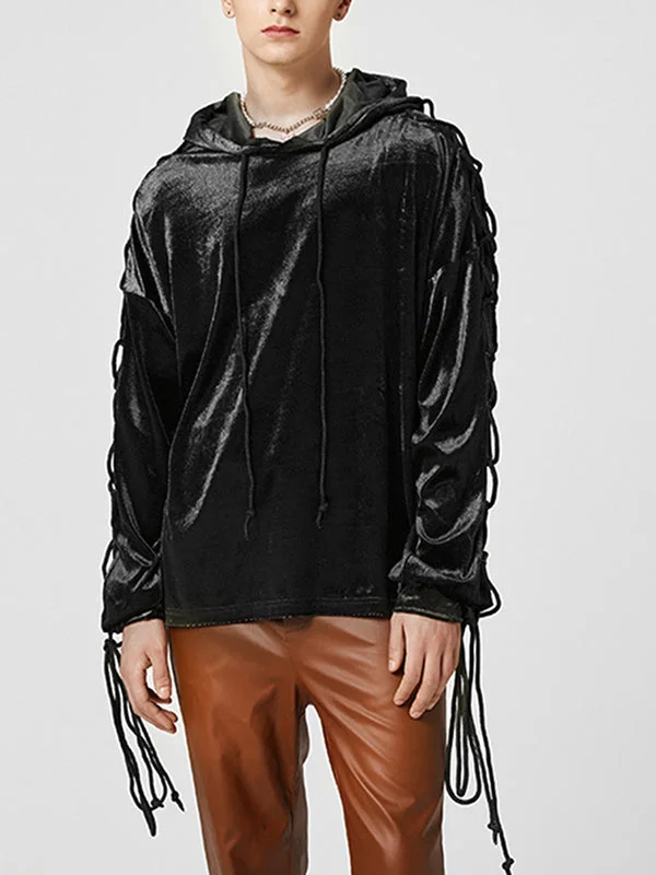 Aonga - Mens Solid Velvet Lace Up Drawstring Hoodie