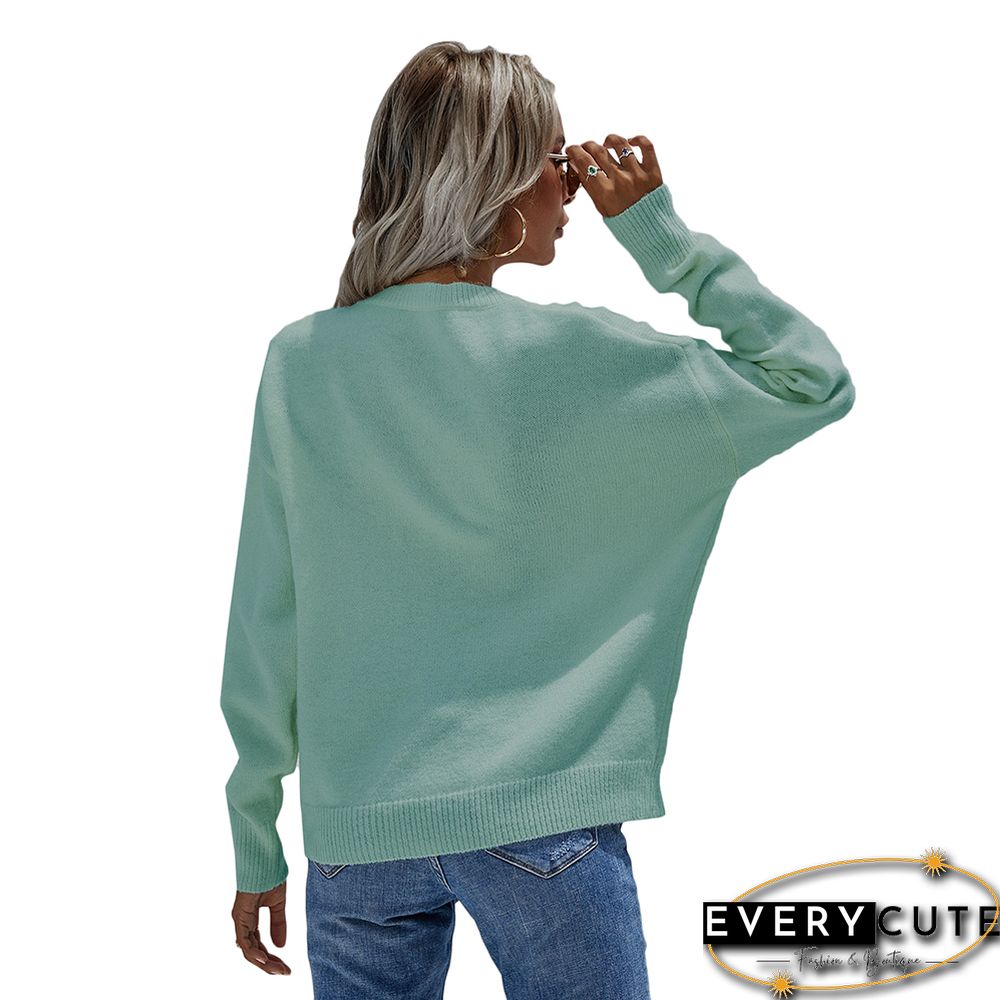 Light Green Button Neck Knitted Pullover Sweater