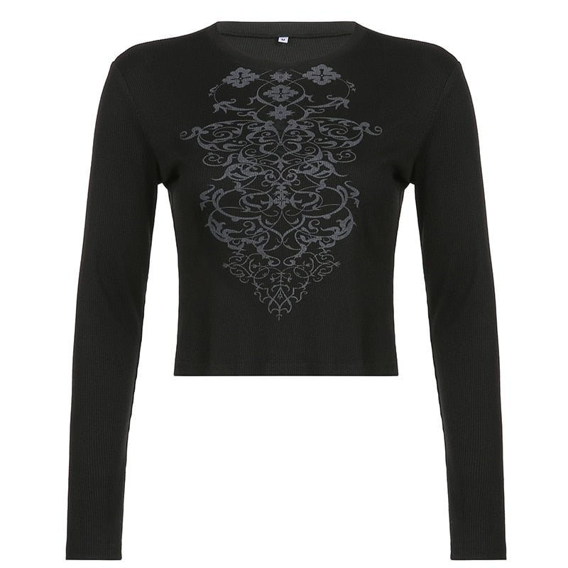 Darlingaga Grunge Fairycore Printed Bodycon Autumn T-shirt Women Pullovers Dark Academia Crop Top Long Sleeve Tee Slim Aesthetic