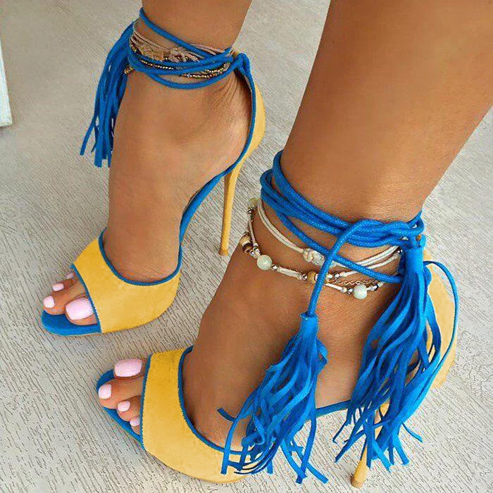 Blue and Yellow Fringe Sandals Peep Toe Vegan Suede Stiletto Heels |FSJ Shoes