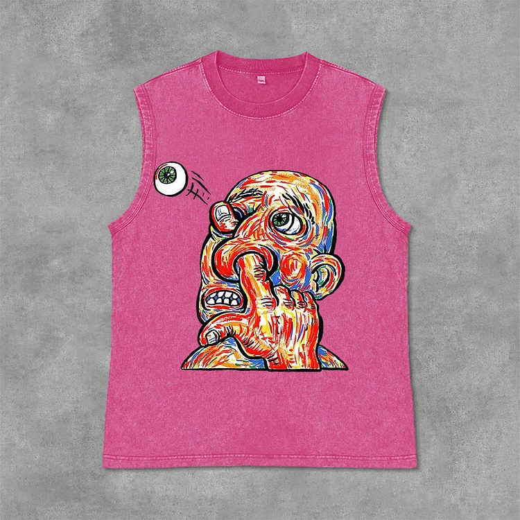 Retro Cartoon Portrait Graphic Print Acid Washed Sleeveless Tank Top SOPULA