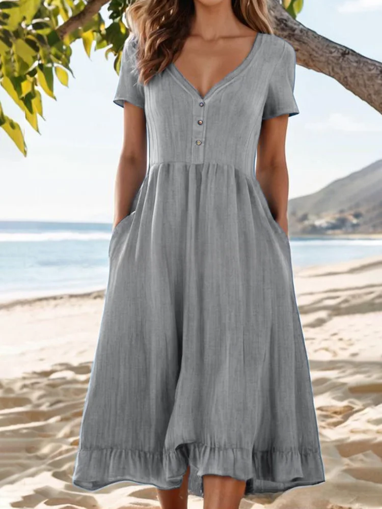 Women's Spring and Summer Solid Color Buttoned Cotton and Linen Waist Ruffled Sweet Dress socialshop
