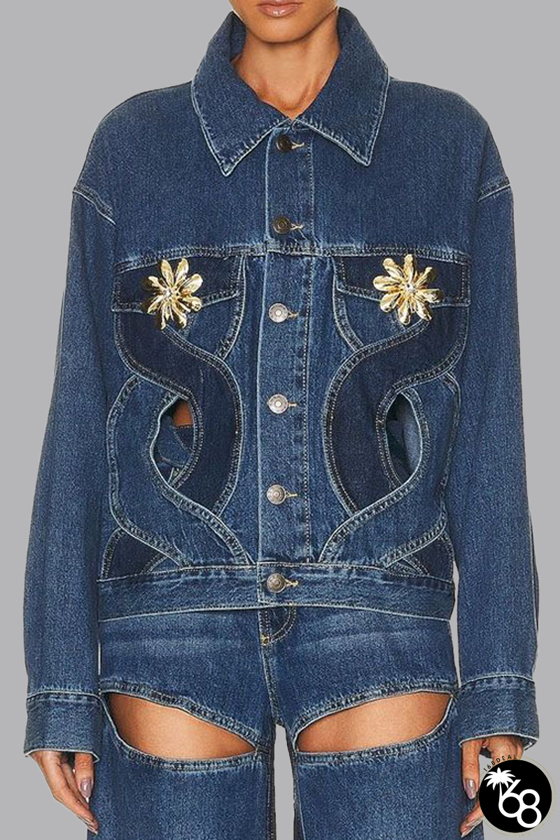 Casual Color Lump Solid Hollowed Out Buttons Metal Accessories Decoration Turndown Collar Long Sleeve Regular Denim Jacket | 168DEAL