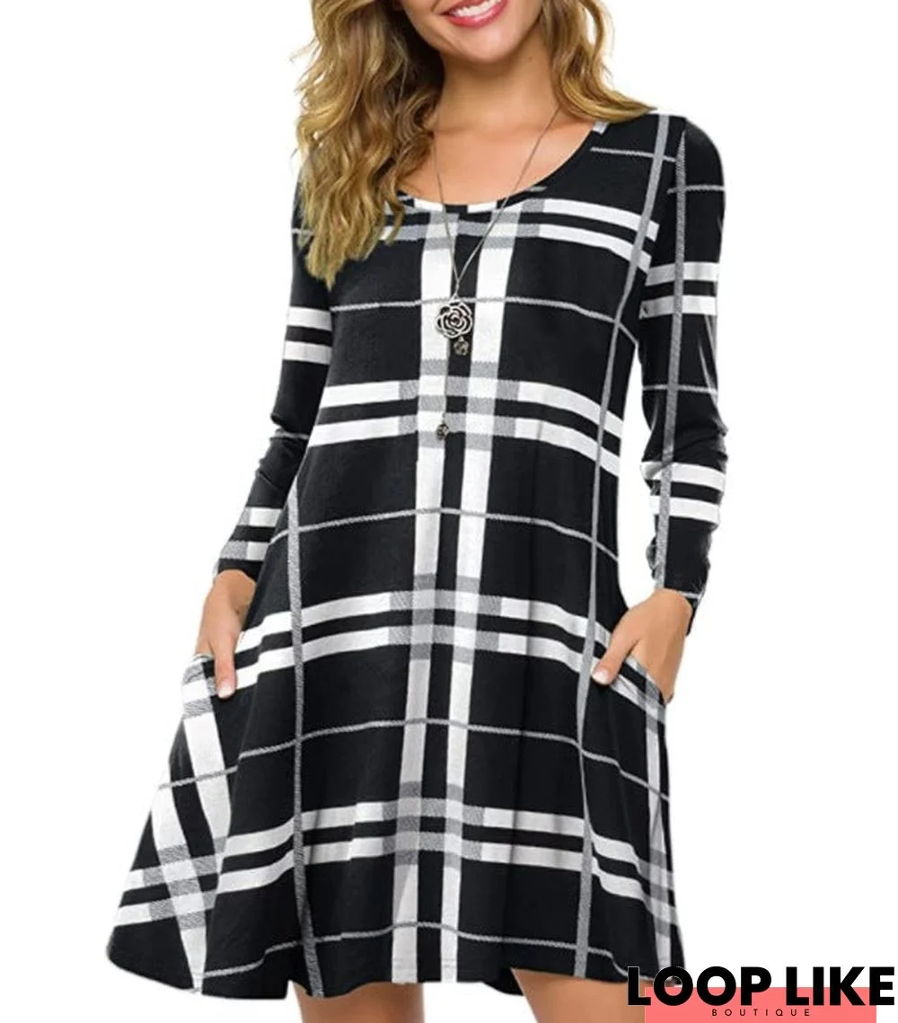 Loose Plaid Striped Women's Dress Black Dresses