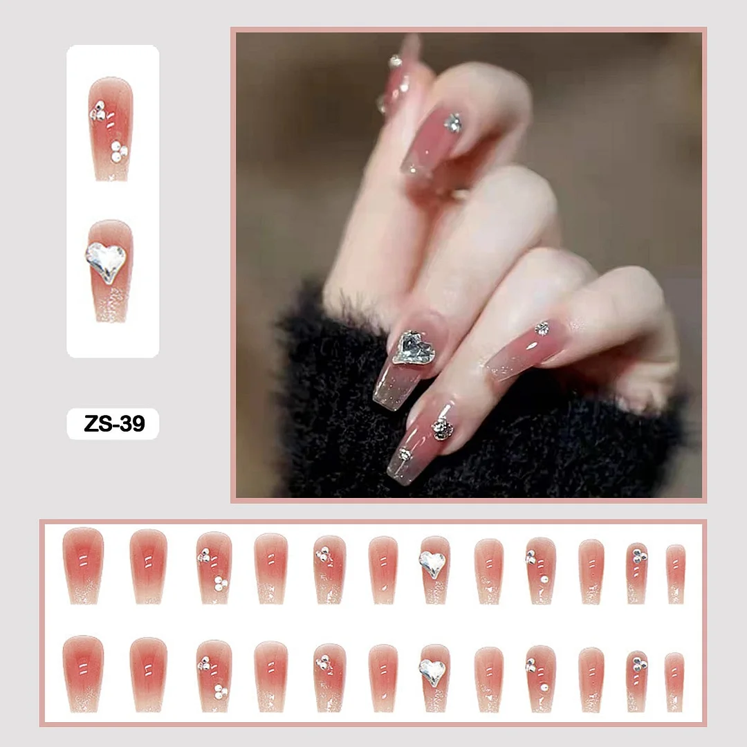 24pcs Artificial Diamond Gradient Fake Nails With Glue Lovely Pink Flesh-colored Nail Art Fake Nails Long With Wearing Tools-Nail Inspo