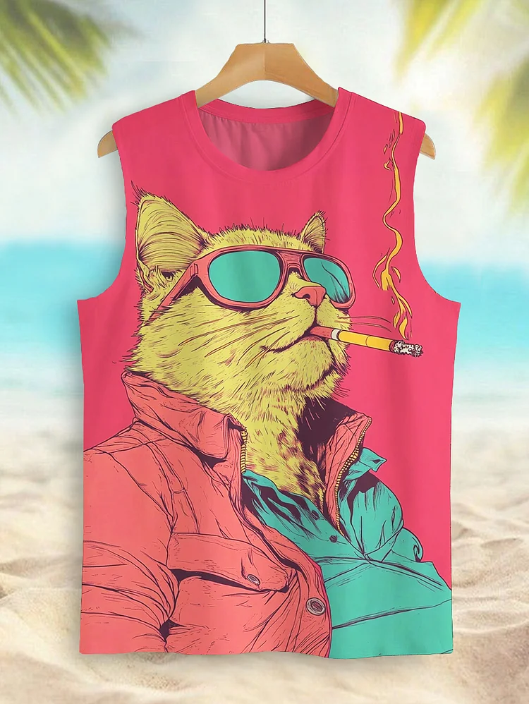 Men's Smoking Cat Hawaii On A Relaxing Holiday Art Print Tank Top