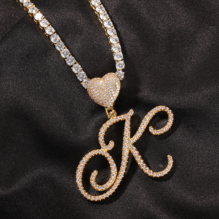 Iced Out A-Z Cursive Initial Letters With Heart Pendant Necklace Jewelry-VESSFUL
