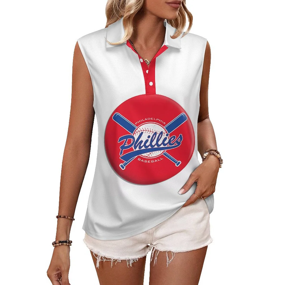 V-neck Sleeveless Casual POLO Shirt Tank Top for Women Printed with Pattern Philadelphia Phillies, Blue, Red
