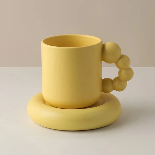 Bubble Handle Coffee Mug with Saucer-Big Handle Ceramic Mug - Appledas