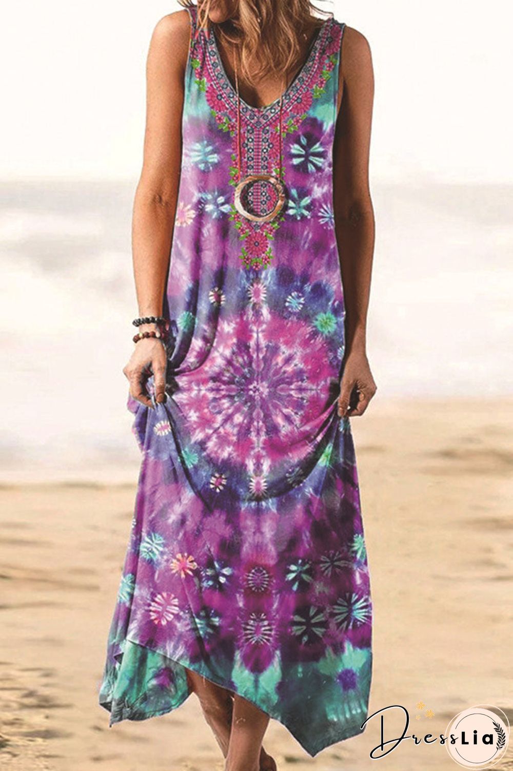 Fashion Vintage Print O Neck Irregular Dresses(4 Colors)