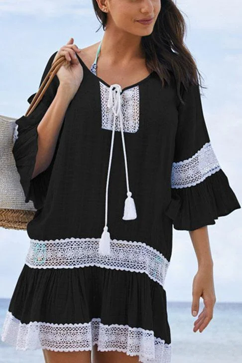 Black Crochet Hollow Out Flare Sleeve Ruffle Beach Cover Up Tunic-elleschic