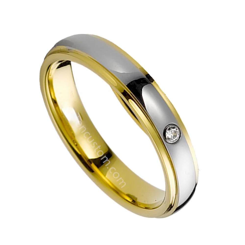 4MM Womens Tungsten Wedding Ring With CZ Stone Gold Step Edge