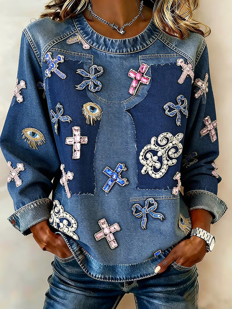  Women's Winter Faith-inspired Fun Color-blocking Printed Crew Neck Top Westsshops