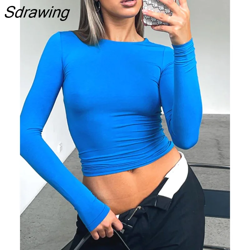 Sdrawing Women's Basic Long Sleeve Crop Top Solid Color Crew Neck Cozy Stretchy Slim Fitted Cropped T Shirts Pullover Streetwear