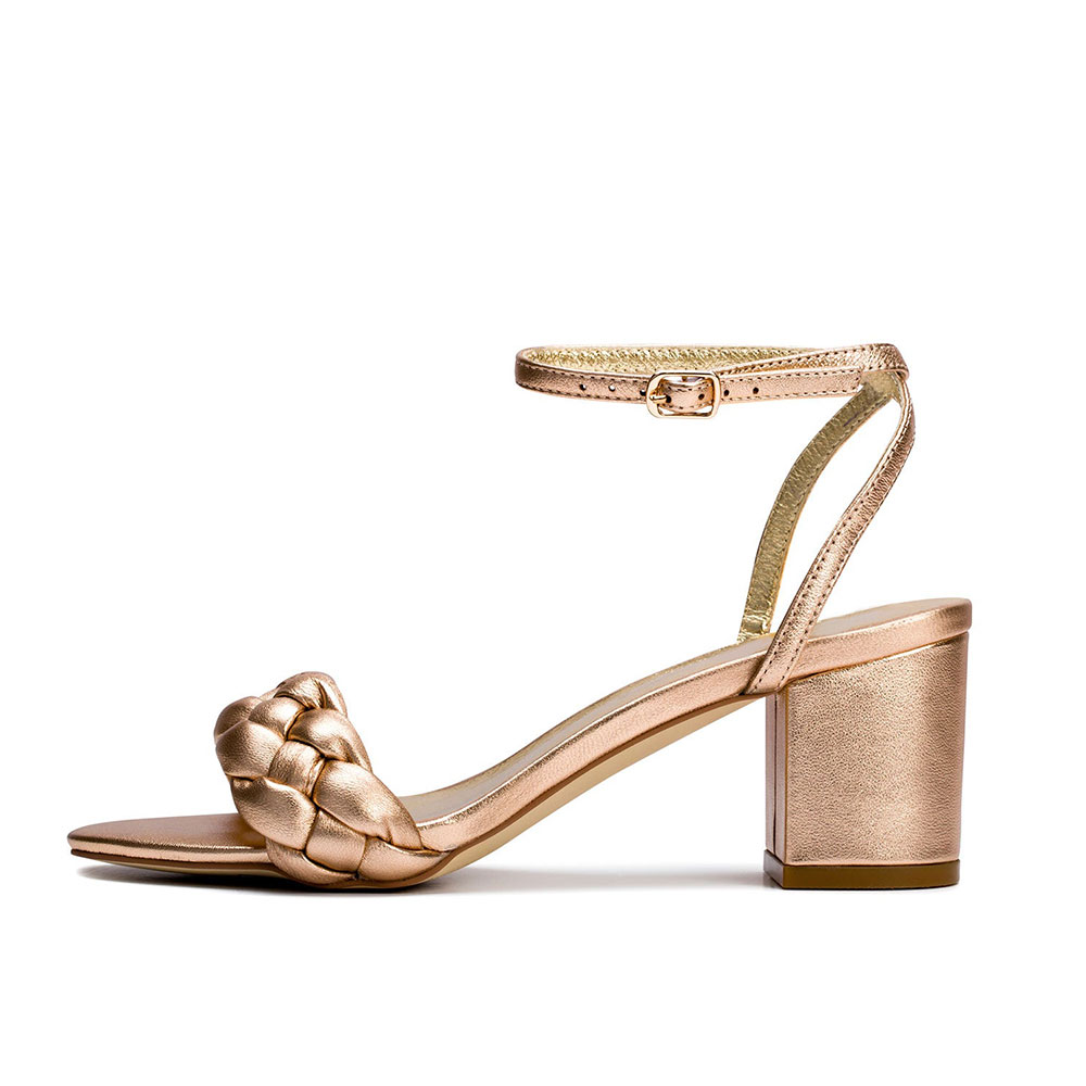 Gold Metallic Open Toe Chunky Heel Ankle Strap Sandals Nicepairs