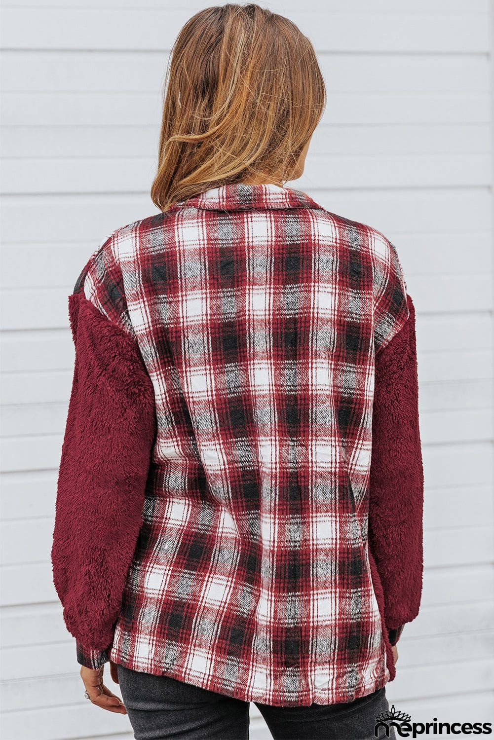 Plaid Patchwork Buttoned Pocket Sherpa Jacket