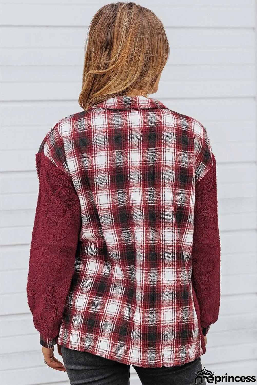 Plaid Patchwork Buttoned Pocket Sherpa Jacket