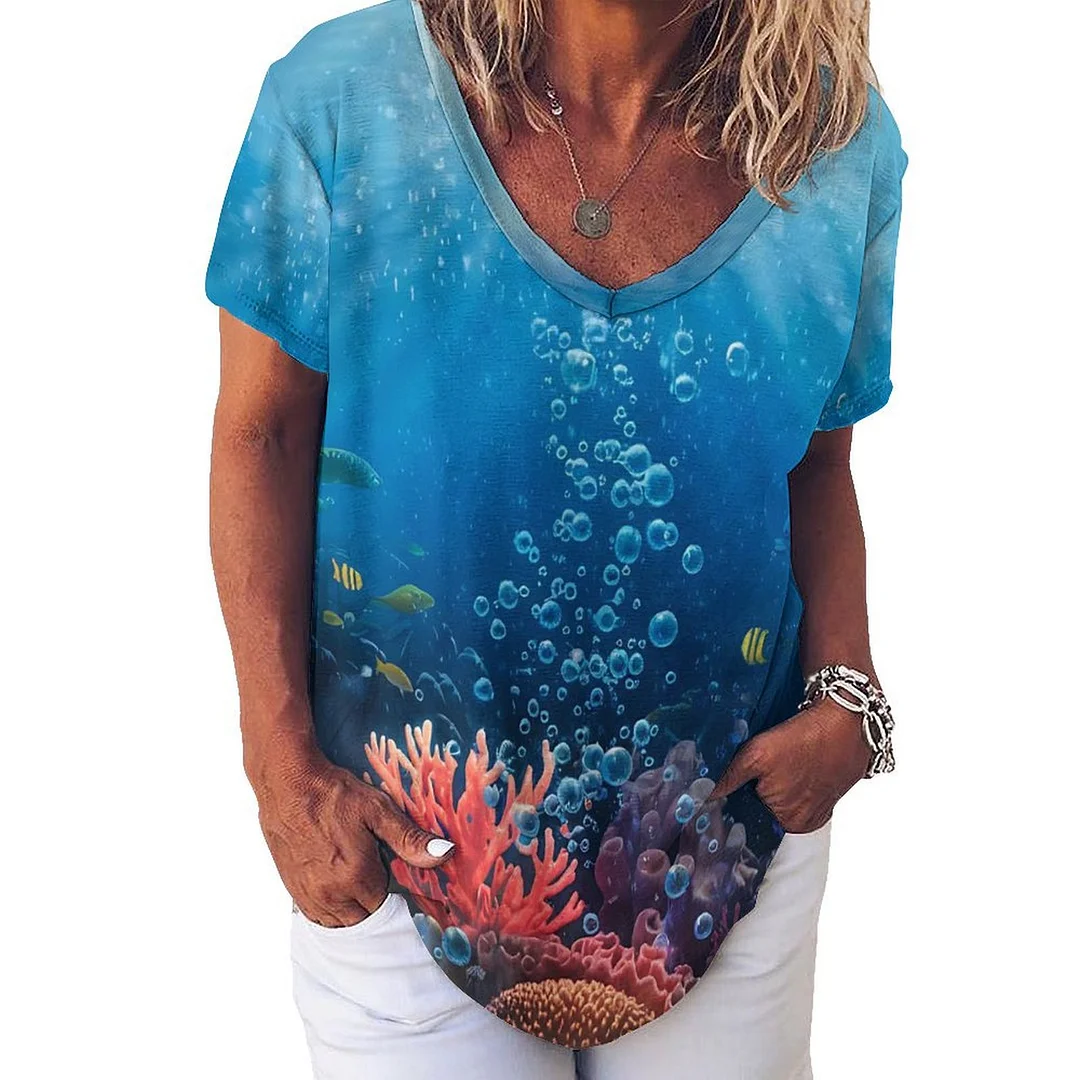 V-neck Short Sleeve Casual T-shirt for  Women Printed with Pattern Ocean, Blue, Sea, Fish
