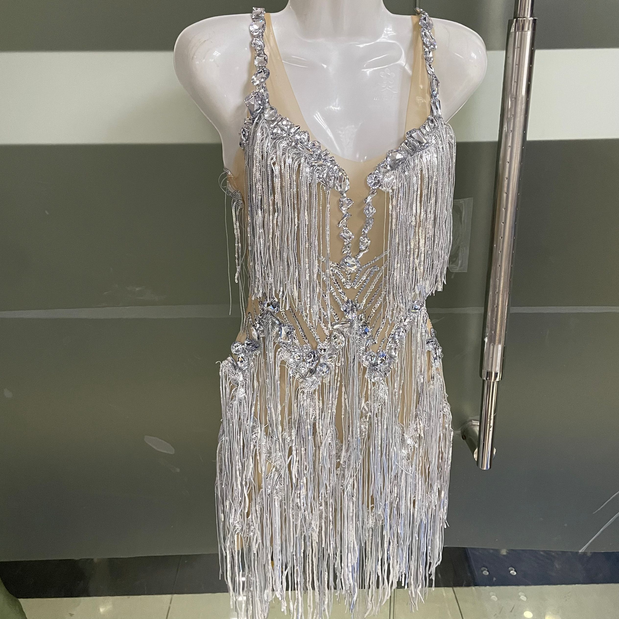 VCSHOES Rhinestones Sequins Fringes Leotard For Women Mesh Transparent Bodysuit Performance Dance Costume Stage Wear Club Outfit