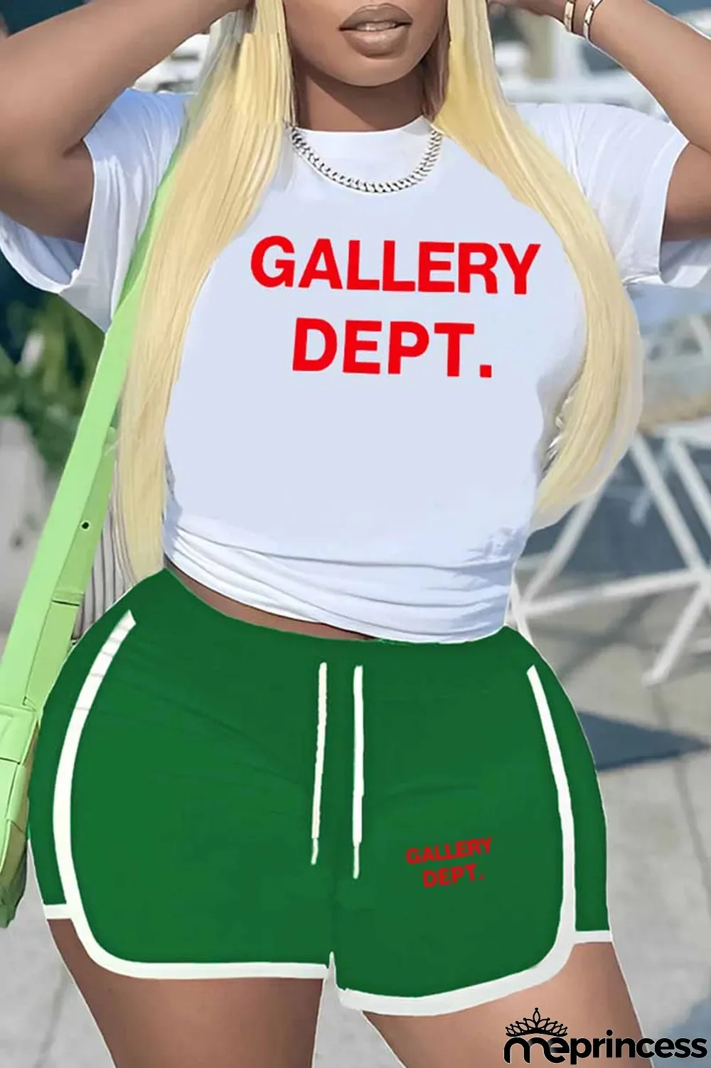 Green Casual Sportswear Print Letter O Neck Short Sleeve Two Pieces