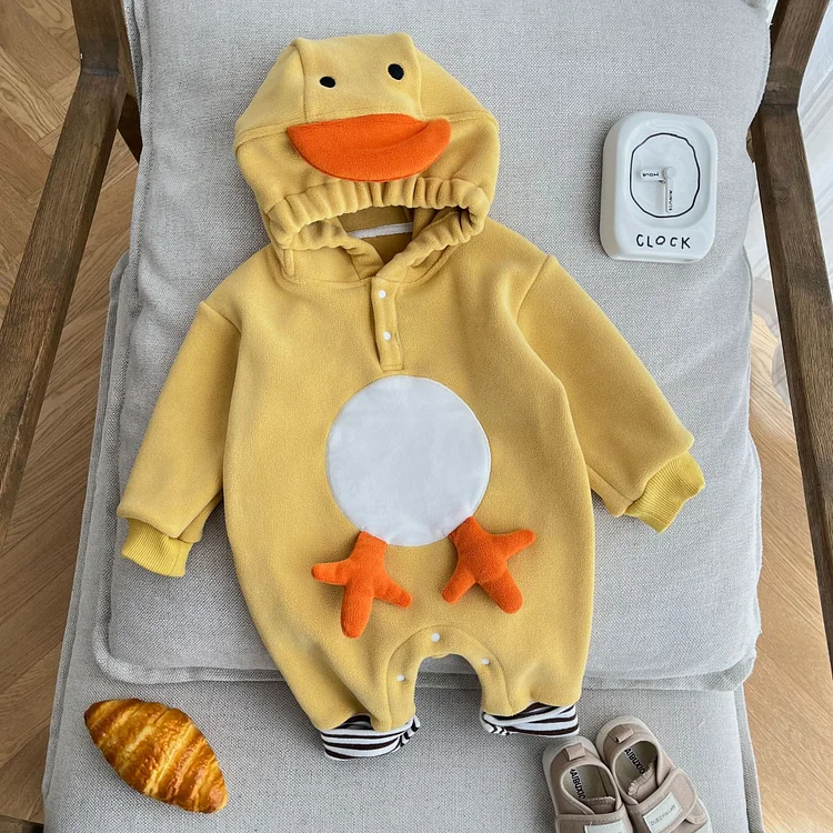 Baby Cartoon Duck Fleece Yellow Hooded Romper
