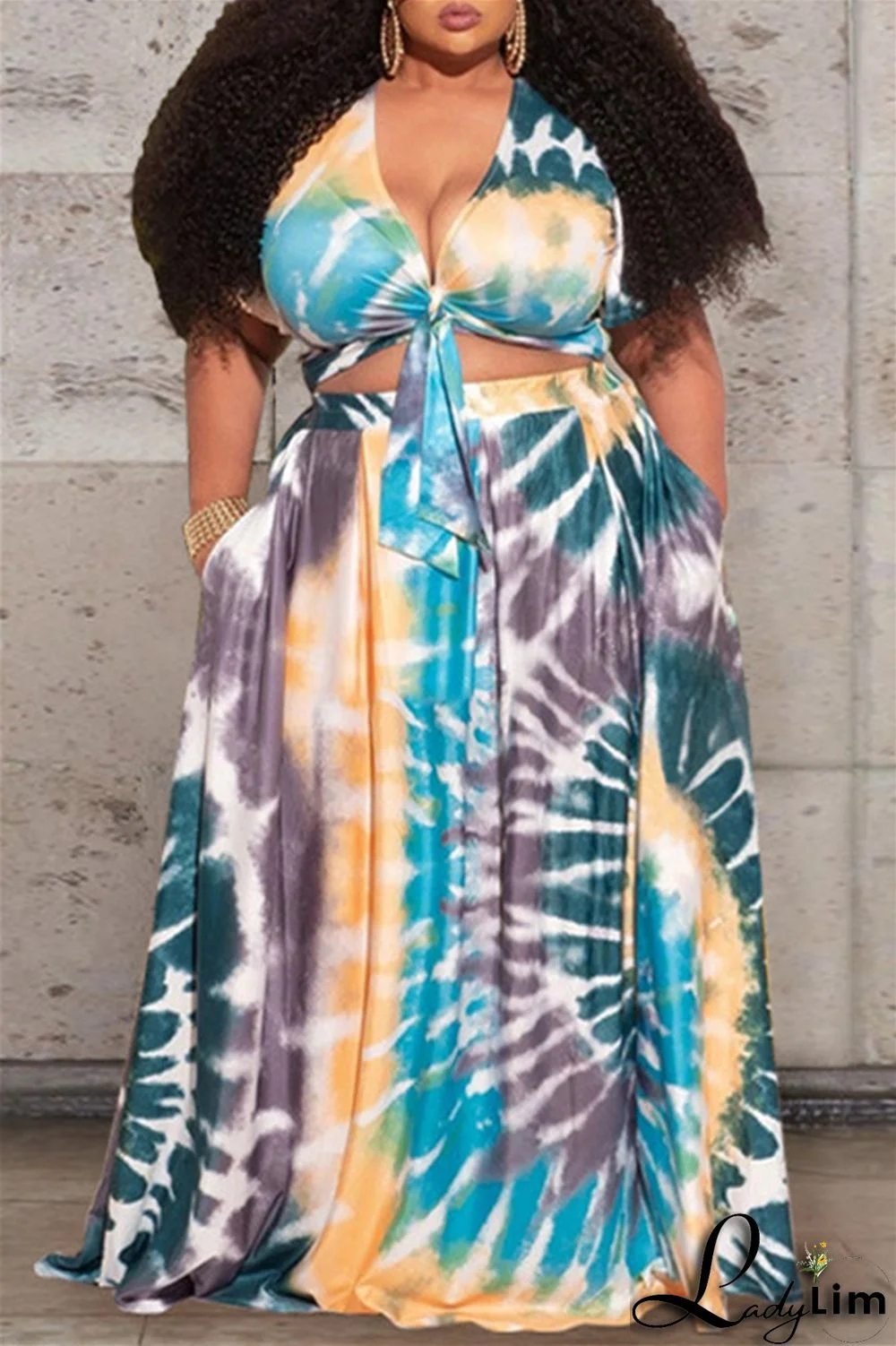 Earth Yellow Fashion Casual Print Bandage V Neck Plus Size Two Pieces