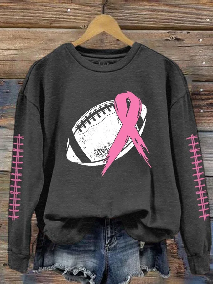Women's Pink Ribbon Breast Cancer Football Print Crewneck Sweatshirt socialshop