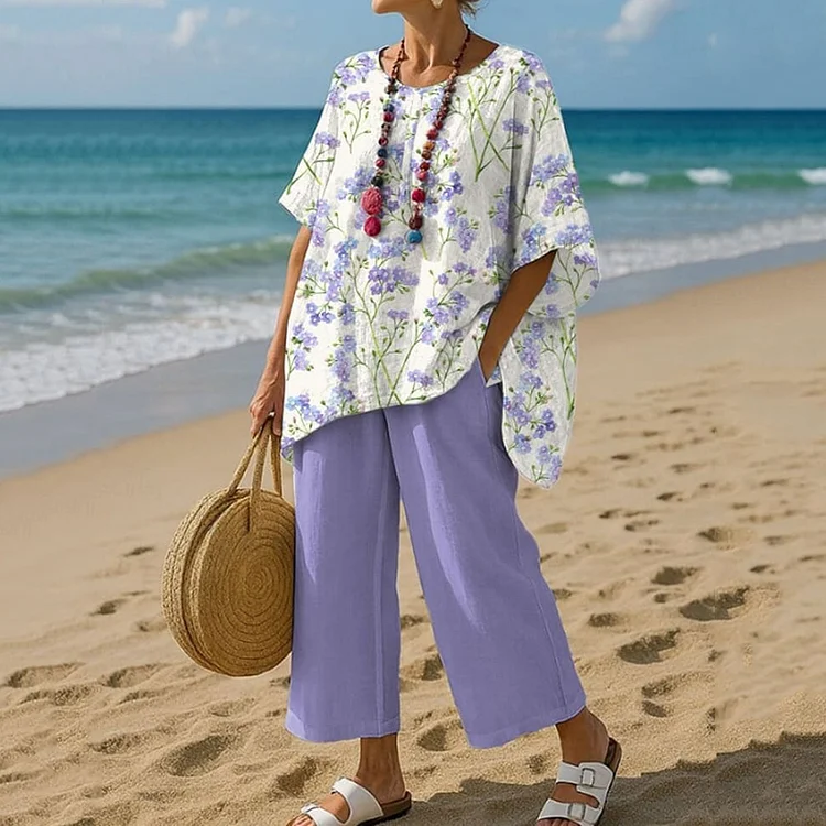 Utbros Women's Flower Print T-shirt And Pants Two Piece Set