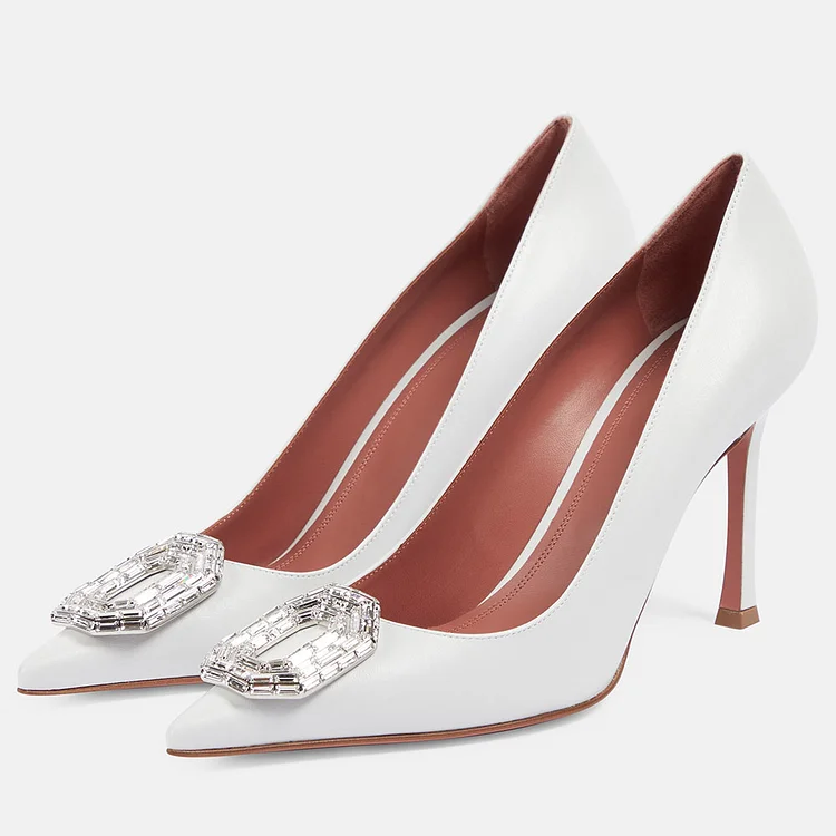 Elegant White Pointed Toe Stiletto Heels Crystal Square Buckle Pumps |FSJ Shoes