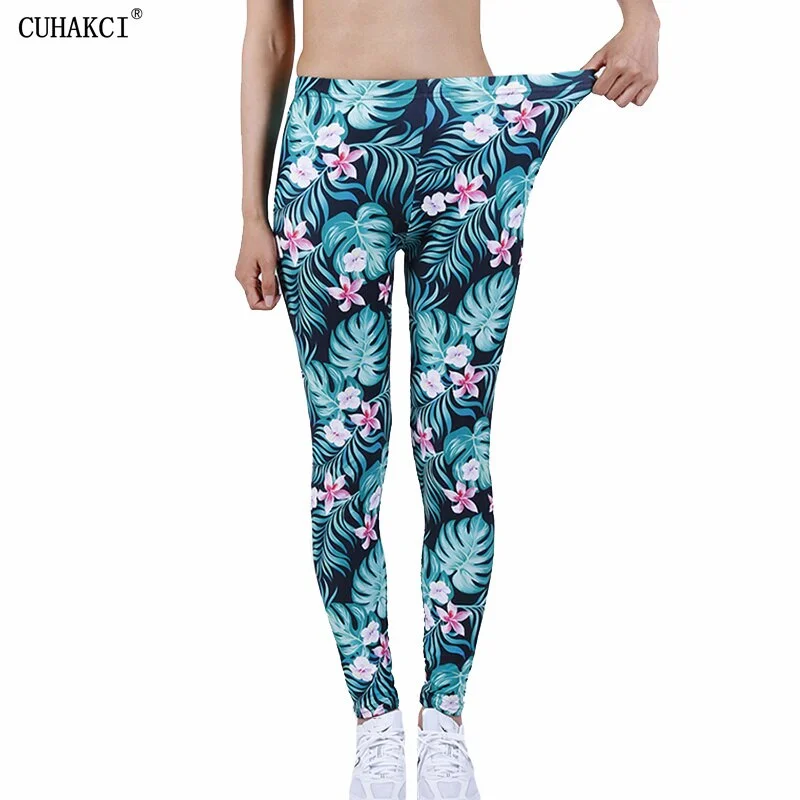 CUHAKCI Fashion Women Leggings Beautiful Leaf Floral Printing High Waist Jeggings Stretch Pant Sexy Hot Sale Clothing Mujer