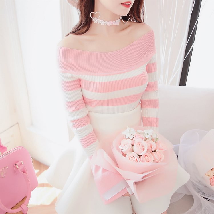 Pink/Black Sweet Off-Shoulder Sweater SP1811697