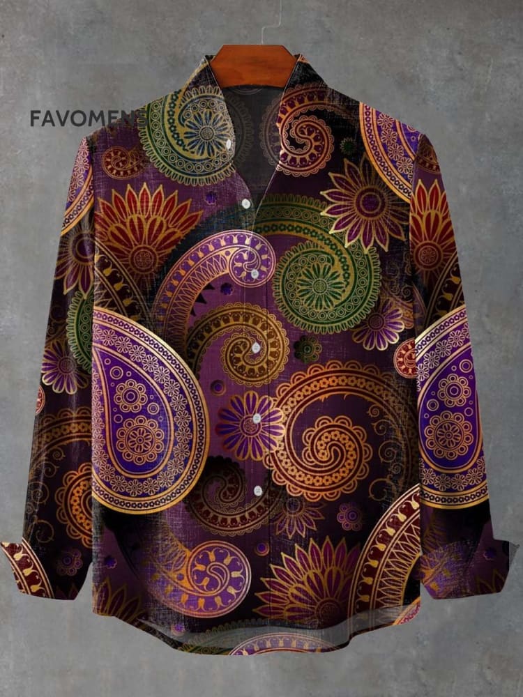 Vintage Paisley Gradient Rotation Art Print 100% Cotton Long Sleeve Shirt Multicolor / S
