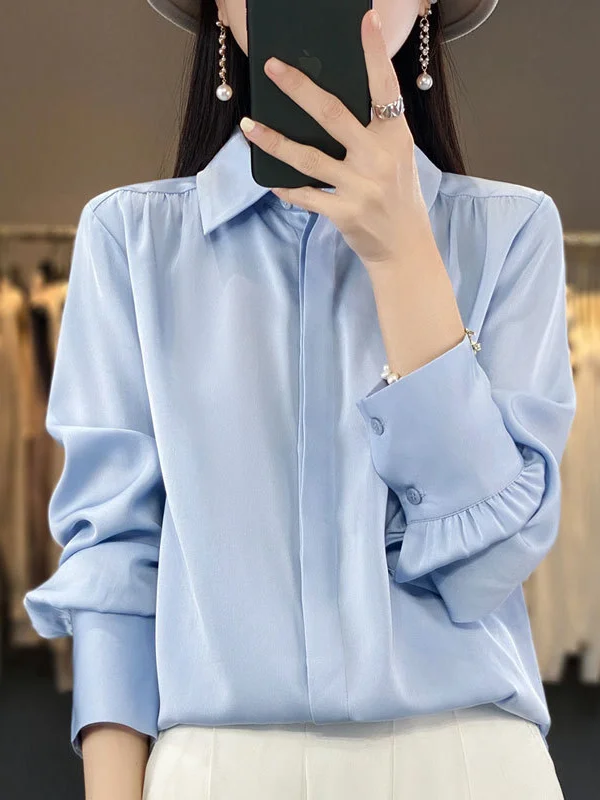 Buttoned Pleated Solid Color Long Sleeves Loose Lapel Blouses&Shirts Tops