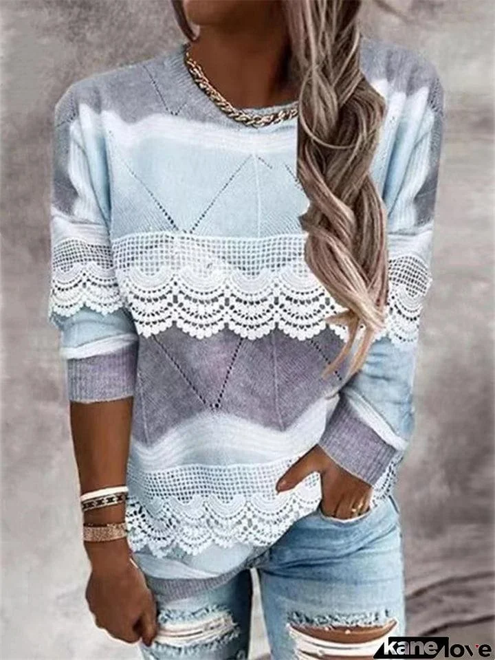 Women's Contrast Color Long-sleeved Lace Knit Sweaters