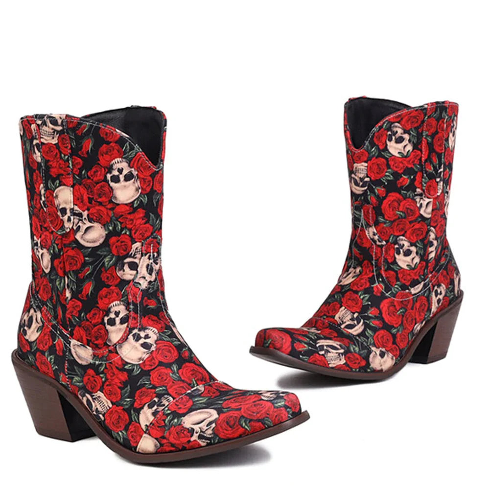 Qengg Boots For Women Ankle Short Boots Flower Print Fashion Chunky Heel Slip On Vintage Cowboy Cowgirls Shoes 2022 Autumn
