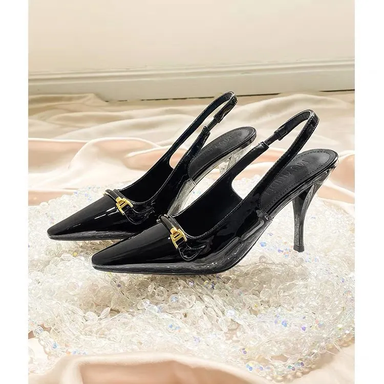 Breakj Breakj Spring And Summer New Black Patent Leather French High Heel Women's Fine Heel Single-Shoe Temperament Niche Pointed Sandals