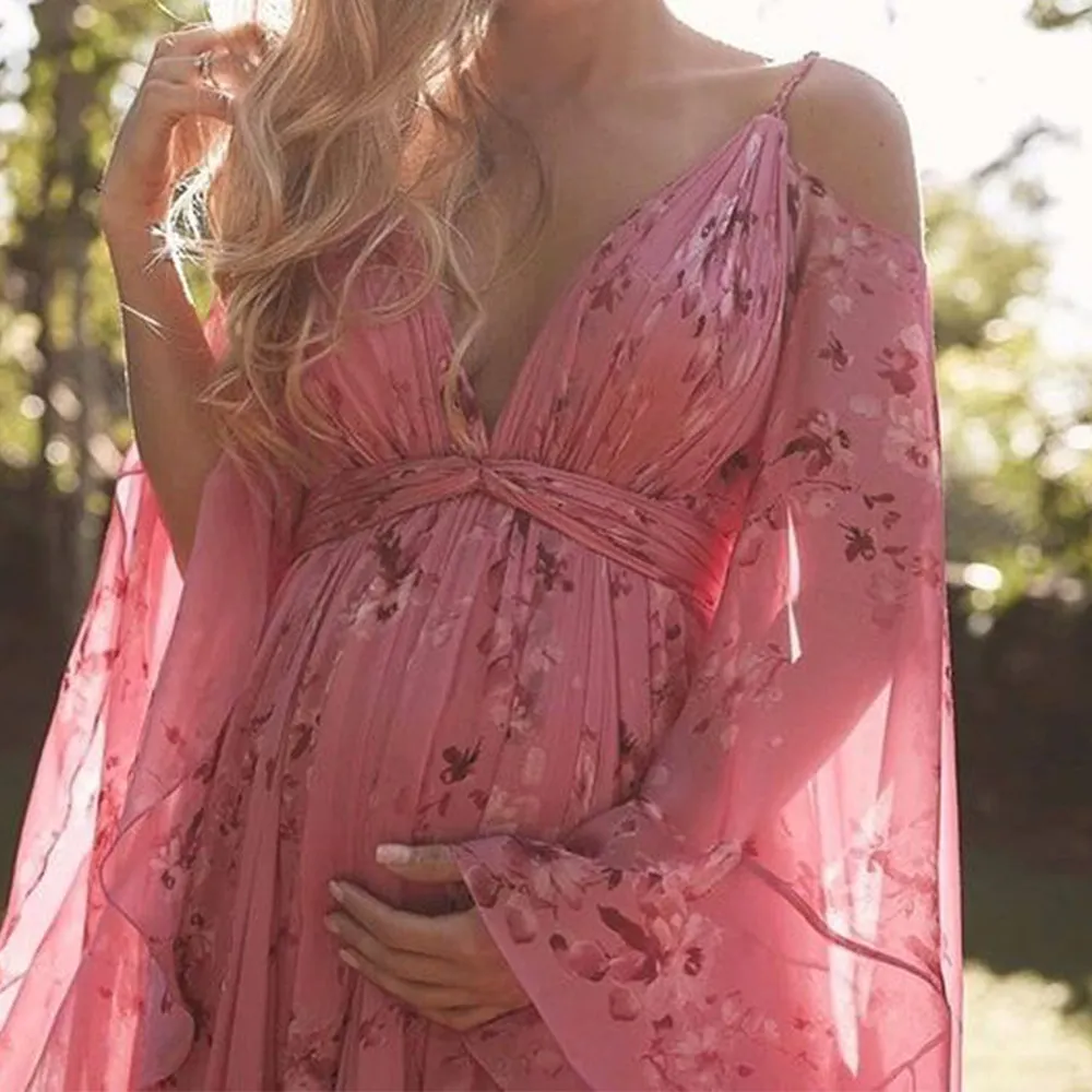 Uveng Uveng Summer Suspension Deep V-Neck Print Sexy Bat Sleeves 100-Folded Long Dress Pregnant Skirt Up And Down