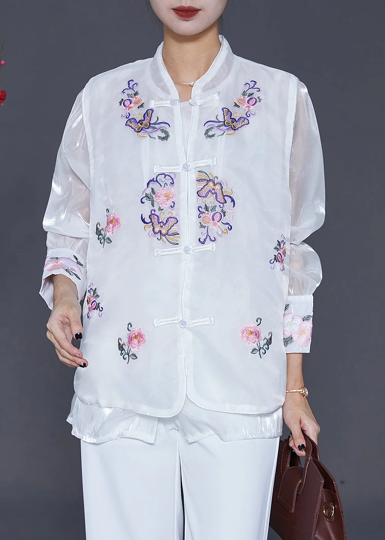 Chic White Embroideried Chinese Button Silk Two Pieces Set Fall