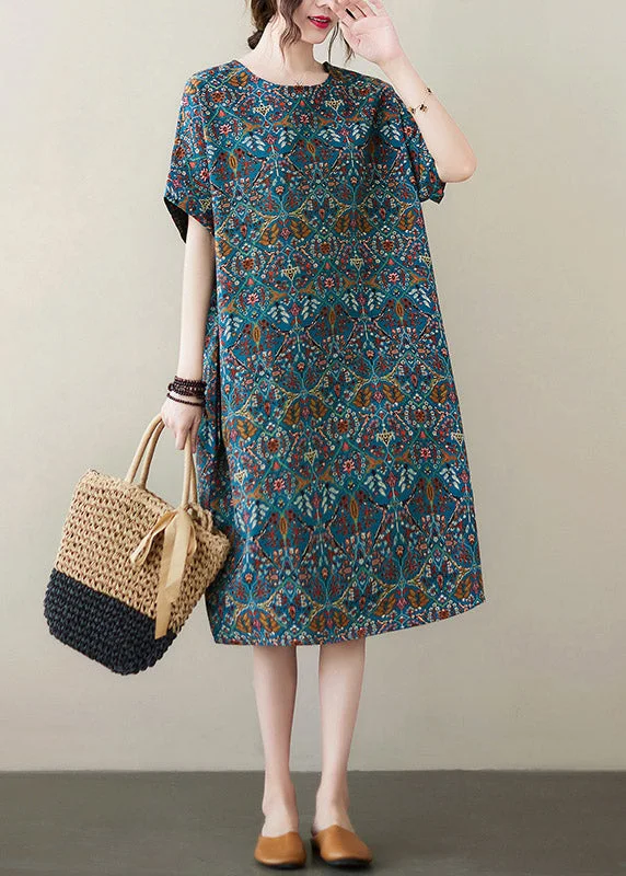 Organic Blue O-Neck Print Cotton Maxi Dresses Summer