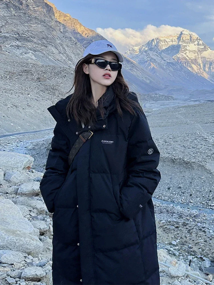 Autumn Winter Women Fashion Loose Coat Solid Color Zipper Pockets Hooded Down Coat Turtleneck Thicken Long Coat Casual Parkas